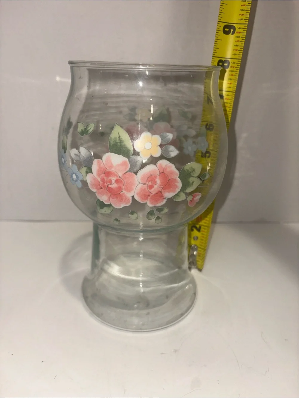Pfaltzgraff Clear Glass Vase with Pink Rose Floral Motif
